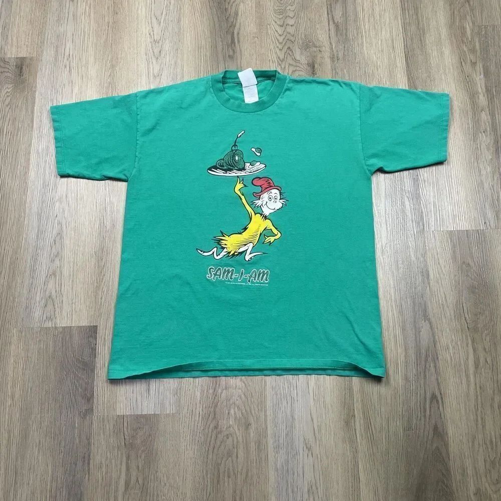 VINTAGE Dr. Seuss Sam-I-Am Shirt Mens XL Green Green Eggs & Ham Made in USA 90s